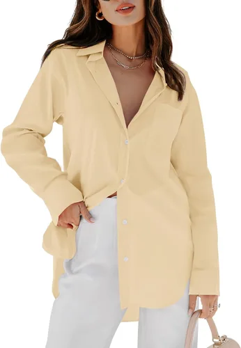Vista 15 de siliteelon Camisas de vestir con botones para mujer, blusas de manga larga, cuello en V, lisas, casuales, con bolsillos
