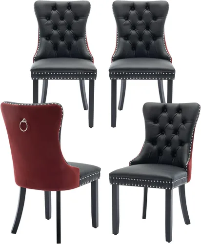 Vista 101 de Juego de 2 sillas de comedor de terciopelo, silla de comedor tapizada de alta gama con tirador de anillo en la espalda, adorno de clavos y patas