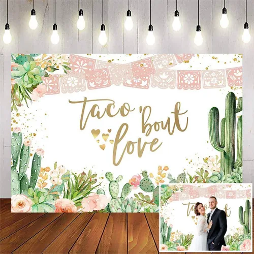 Vista 8 de Avezano Telón de fondo de amor con temática de Taco Bout Love y flores de cactus de oro rosa para boda, despedida de soltera, boda, compromiso