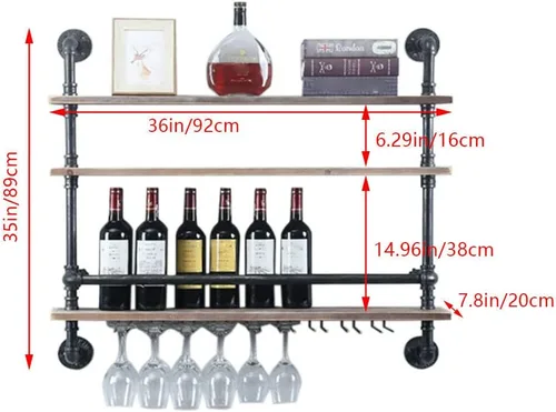 Vista 7 de DNYSYSJ Estante de vino negro de 3 niveles montado en la pared con soporte para vidrio colgante estilo europeo soporte de almacenamiento de vino