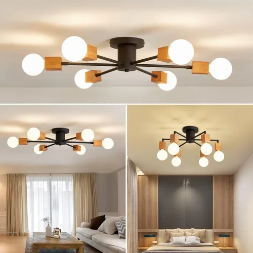 Vista 3 de Lámpara de techo de madera semiempotrada, 6 luces, lámpara Sputnik de madera rústica, iluminación de techo estilo granja, roble y negro con E26