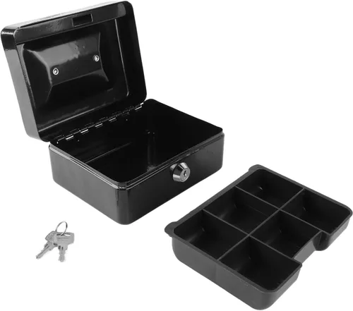 Vista 2 de Pyhodi Caja de dinero con cerradura de dos llaves, caja fuerte de metal pequeña con bandeja de dinero, organizador de dinero seguro para dinero
