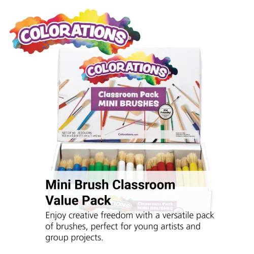 Vista 2 de Colorations Mini pinceles de pintura, juego de 60, cerdas naturales, pinceles de pintura para niños, suministros de arte, suministros para el aula