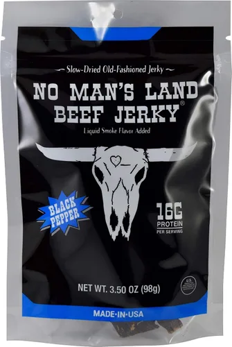 Vista 16 de No Mans Land Beef Jerky - Pimienta negra Tiras de carne seca secadas lentamente, ahumadas y sazonadas Bocadillo de carne de res alto
