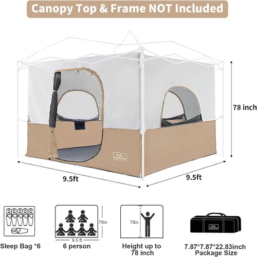 Vista 3 de KAMPKEEPER Tienda de campaña interior para toldo emergente, convierte el toldo de patas rectas de 10'x10' en una tienda de campaña–Techo Caqui