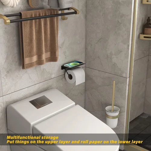 Vista 8 de Soporte de papel higiénico con estante para teléfono, accesorios de baño, dispensador de rollo de pañuelos de almacenamiento montado en la pared