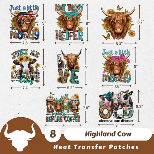 Vista 2 de 8 piezas de parches de transferencia de calor de vaca de las montañas, diseños de vinilo para transferencia de hierro para camisetas, calcomanías
