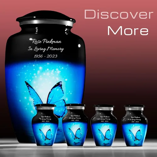 Vista 6 de Urna de cremación de mariposa azul para cenizas humanas, homenaje conmemorativo personalizado en azul brillante, nombre y fechas personalizados