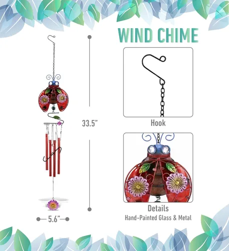 Vista 2 de CoTa Global Campanilla de viento de mariquita – Campana de vidrio y metal hecha a mano – Decoración colgante de vida salvaje – Regalo colorido