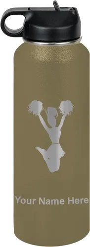 Vista 9 de LaserGram Botella de agua con tapa abatible de doble pared de 12 onzas con pajita, animadora, grabado personalizado incluido (negro)