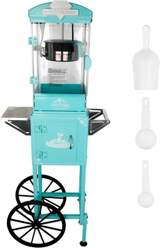Vista 3 de Máquina de palomitas de maíz vintage con carrito y ruedas retro, máquina de palomitas de maíz de cine en casa de un solo toque para reuniones Cian