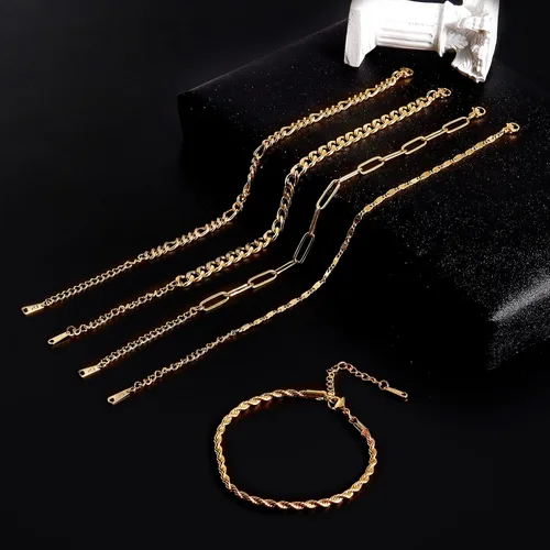 Vista 5 de KesaPlan Pulsera de moda para mujer, chapado en oro real de 14 quilates, delicado eslabón cubano con clip de cuerda, paquete de pulseras para niñas