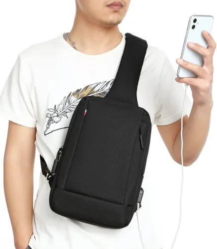 Vista 4 de Bolso bandolera para hombre, bolsa de hombro pequeña, bolsa de mensajero con puerto de carga USB, bolsa cruzada ligera para bolso de trabajo