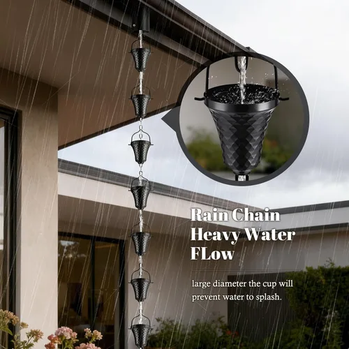 Vista 5 de Cadenas de lluvia para canaletas exteriores con recubrimiento de polvo negro, desviador de lluvia de metal, decoración para exteriores, 8.5 pies