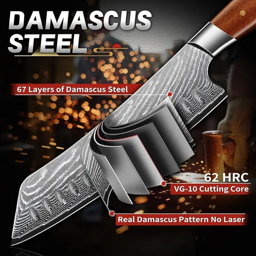 Vista 2 de TIJERAS Cuchillo de chef japonés, cuchillo de cocina Santoku de Damasco, 7 pulgadas, Damasco de 67 capas, cuchillos de chef profesionales afilados