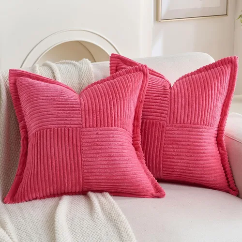 Vista 18 de HAUSSY Paquete de 2 fundas de almohada de 16 x 16 pulgadas, fundas decorativas de pana suave, estilo bohemio, a rayas, sólidas, decoración