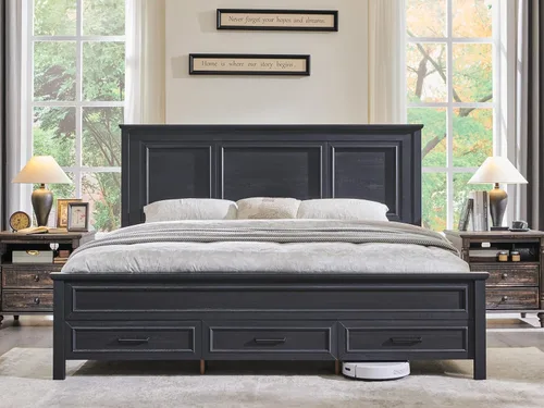 Vista 9 de ACCOHOHO Bastidor de cama Queen de estilo granja con cabecera y estribo de panel completo de 52" de alto, estructura de cama Queen con cajones