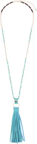 Vista 2 de RIAH FASHION Collar largo con dije de borla bohemia, flecos de cuero de ante sintético, dije de encaje, piedra natural de cristal brillante, cadena