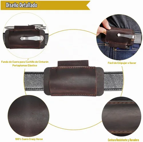 Vista 4 de Funda de cuchillo de cuero VIPERADE PJ33 para cinturón, funda de navaja de bolsillo horizontal con soporte elástico para bolígrafos, funda de Marrón