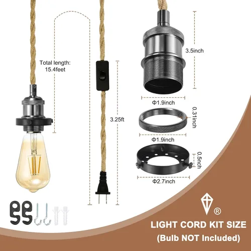Vista 2 de PATIKIL Kit de cable de luz colgante de 15.4 pies, enchufe E26 con interruptor, cuerda trenzada industrial vintage para lámpara de granja
