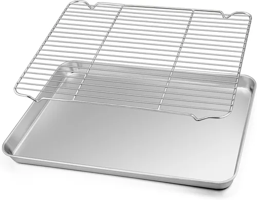 Vista 10 de TeamFar Juego de bandeja y rejilla para horno tostador, 9.3'' x 7'' x 1'', bandeja para horno tostador de acero inoxidable bandeja para asar,