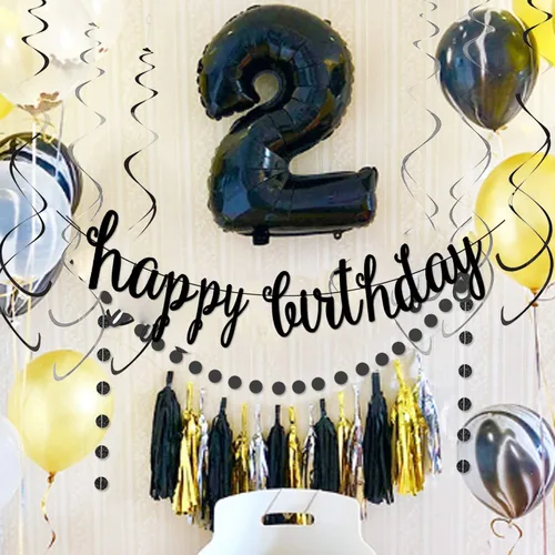 Vista 7 de Kit de decoración de pancarta negra de feliz cumpleaños, guirnalda de puntos circulares con espirales colgantes negros y plateados para cumpleaños