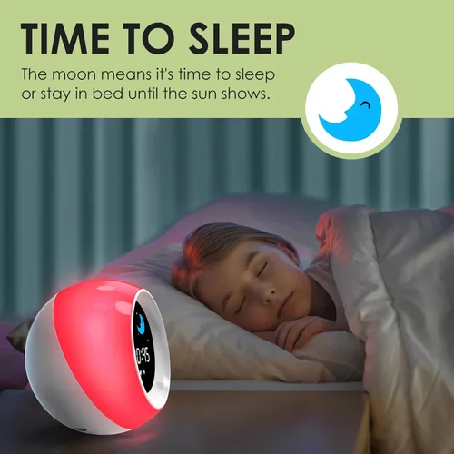 Vista 4 de Reloj despertador para niños, entrenador de sueño infantil con luz nocturna, máquina de sonido de sueño y temporizador de sueño