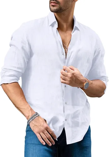 Vista 2 de Camisas con botones para hombre manga larga lino playa casual algodón para verano ligeras