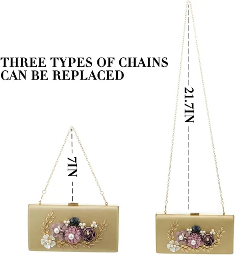 Vista 6 de Bolso de mano floral para mujer, bolso de noche con flores, para novia, boda, baile de graduación, bolsos de hombro para mujer, Oro