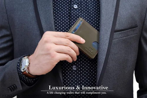 Vista 2 de SERMAN BRANDS - Billetera sencilla de cuero genuino con bloqueo RFID para hombre, billetera delgada con bolsillo frontal y clip para dinero