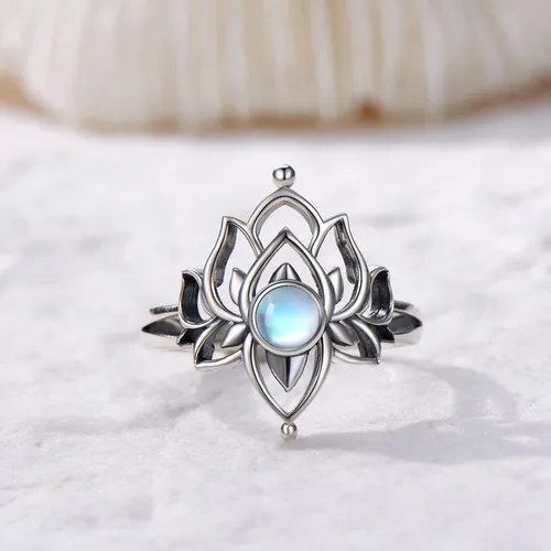 Vista 4 de Anillo de loto de piedra lunar para mujer, plata de ley 925, anillo de flor de loto, joyería espiritual vintage de loto para mujer, regalos de loto