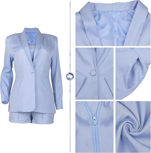 Vista 3 de Conjunto de 3 piezas de blazer para mujer, blazer con botón frontal abierto + blusa corta + pantalones cortos con cinturón, conjuntos de traje