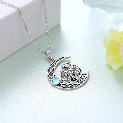 Vista 3 de CVRAVO DragonFairy Necklace 925 Sterling Silver Moonstone Crescent Moon Necklace Birthday Gifts for Women Girls