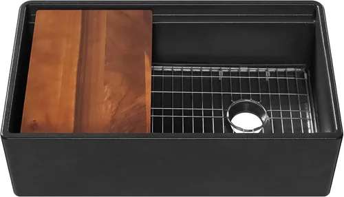 Vista 10 de Whitehaus Reversible Single Bowl Fireclay Sink Set with Smooth Front Apron, Walnut Wood Cutting Board and Stainless Steel Grid (Dark Gray, 27" x 19")