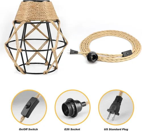 Vista 6 de Lámpara colgante enchufable, lámpara colgante industrial con cable de enchufe, interruptor de encendido/apagado de cuerda de cáñamo, lámpara