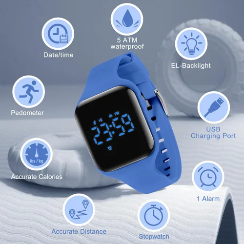 Vista 6 de Reloj deportivo digital para niños y niñas con contador de pasos, alarma vibratoria y despertador. Rastreador de actividad a prueba de agua, sin