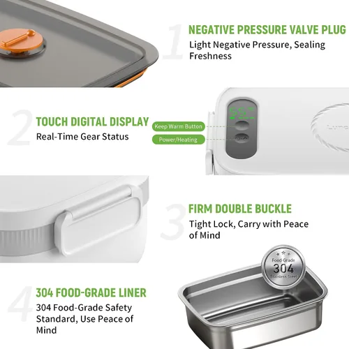 Vista 6 de Fiambrera eléctrica inalámbrica, 14000 mAh recargable con bolsa grande para adultos, calentador de alimentos portátil autocalentable de 1 litro