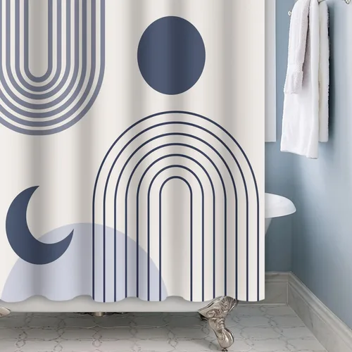 Vista 2 de Cortina de ducha moderna y bohemia, cortinas de ducha minimalistas estéticas azules de mediados de siglo para baño, cortinas de baño impermeables