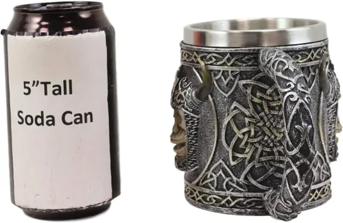 Vista 2 de Ebros Viking Berserker - Taza de café de calavera con cuernos de bisonte, 16 onzas con patrones de nudos celtas, con forro de acero inoxidable