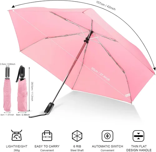 Vista 74 de LEAGERA Paraguas de viaje compacto para bolso, mango plano, impermeable para lluvia ligera