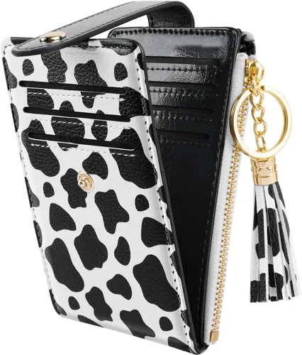 Vista 7 de Cartera delgada con bloqueo RFID para mujer, cartera de cuero con múltiples tarjetas, cartera plegable con borla, bolsillo con cremallera