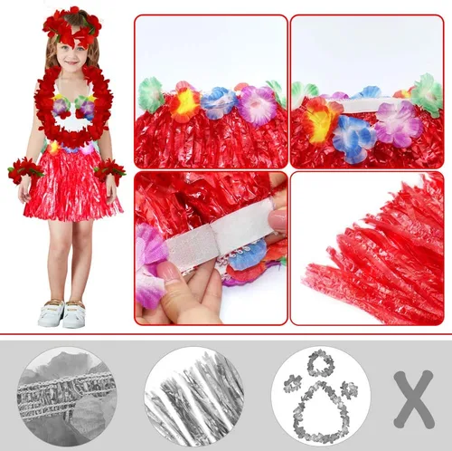 Vista 4 de Fighting to Achieve Conjunto de disfraz de falda de hierba roja hawaiana de 11.8 in para niñas