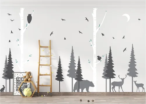 Vista 5 de PapaKit Calcomanía de pared de pino y abedul del bosque (paquete esencial) para bebés, niñas, niños, guardería, niños, adolescentes, decoración