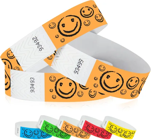 Vista 9 de 200 pulseras Tyvek de Wristco con cara sonriente azul neón para eventos, ¾ x 10 pulgadas, impermeables, reciclables, cómodas, resistentes a