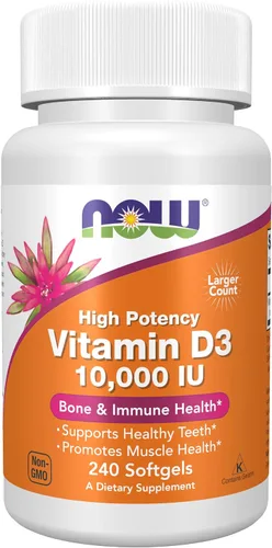 Vista 10 de NOW Foods Suplementos, Vitamina D-3 10,000 UI, Máxima Potencia, Apoyo Estructural*, 120 cápsulas blandas