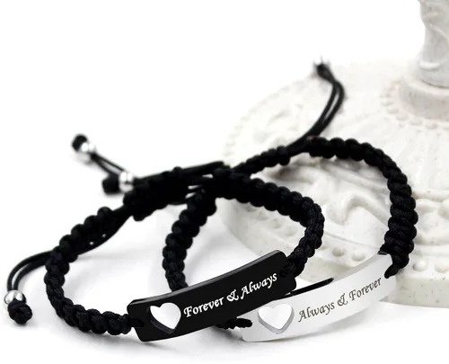 Vista 4 de Pulsera de pareja para hombres y mujeres, de acero inoxidable blanco y negro, grabada, joyería de amor para esposa, marido, 2 pulseras tejidas a