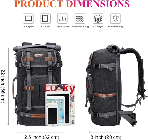 Vista 7 de WITZMAN Mochila de lona vintage Mochila de viaje grande para laptop, mochila convertible para hombro, Negro -, Mochilas de viaje