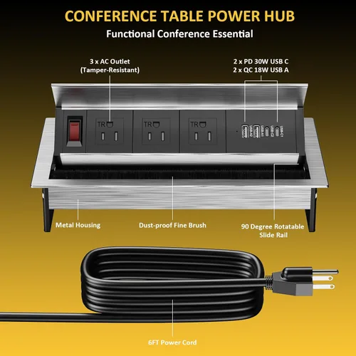 Vista 7 de Kungfuking Regleta de alimentación empotrable con USB C PD 30W, mesa de conferencias, caja de conectividad giratoria con interruptor y carcasa