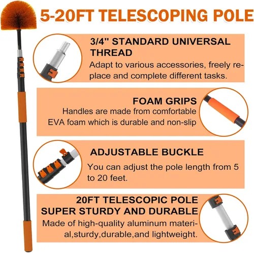 Vista 6 de Buyplus Plumero de telaraña de alcance de 26 pies, cepillo limpiador de telaraña para exteriores con poste de extensión profesional de 5 a 20 pies