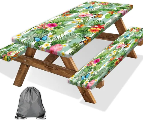 Vista 69 de Funda para Mesa de Picnic con Fundas para Bancos y Bolsa, Campista de Madera Impermeable Resistente al Viento, Cubierta de Mantel Ajustada con Borde